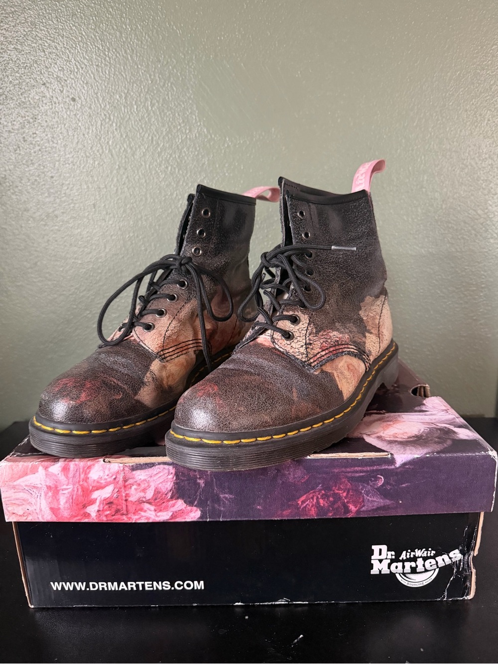 Dr. Martens Black Leather Lace-Up Boots with Pink Pull Tabs